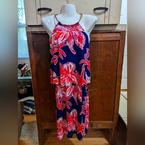 EUC Lilly Pulitzer navy blue, pink floral dress with gold chain. Size S.